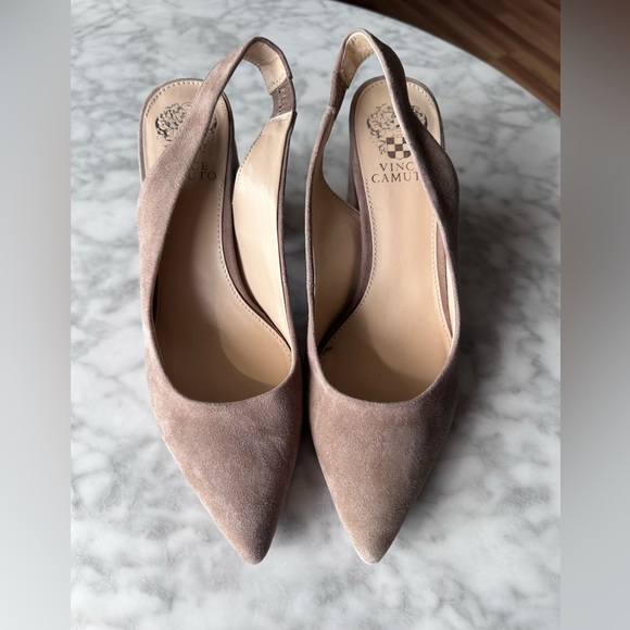 Vince Camuto Leather/SuedeBlock Heeled Sling-Back Pumps - 8.5/39 NUDE - Picture 2 of 9